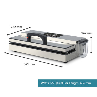 Vacuum sealer with dimensions labeled on a white background