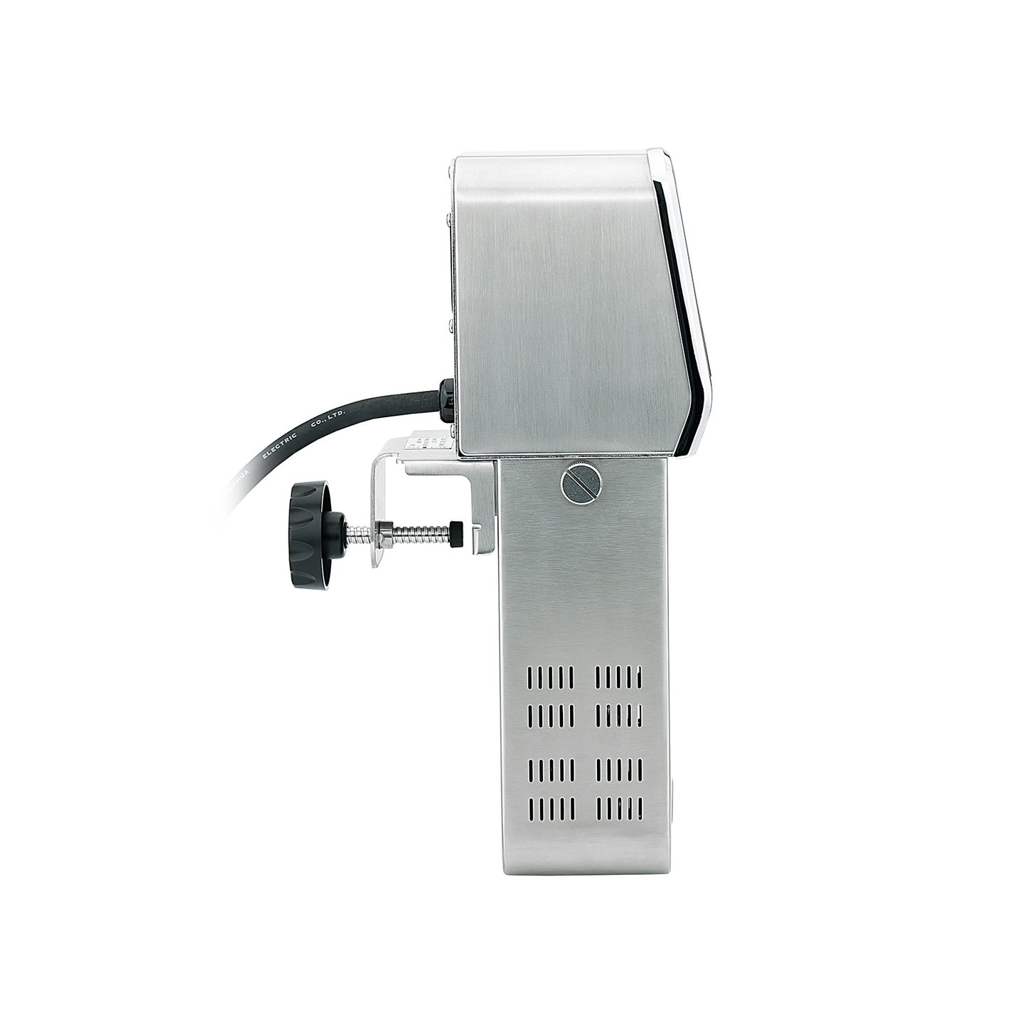 a stainless sous vide cooker with a cable on a white background