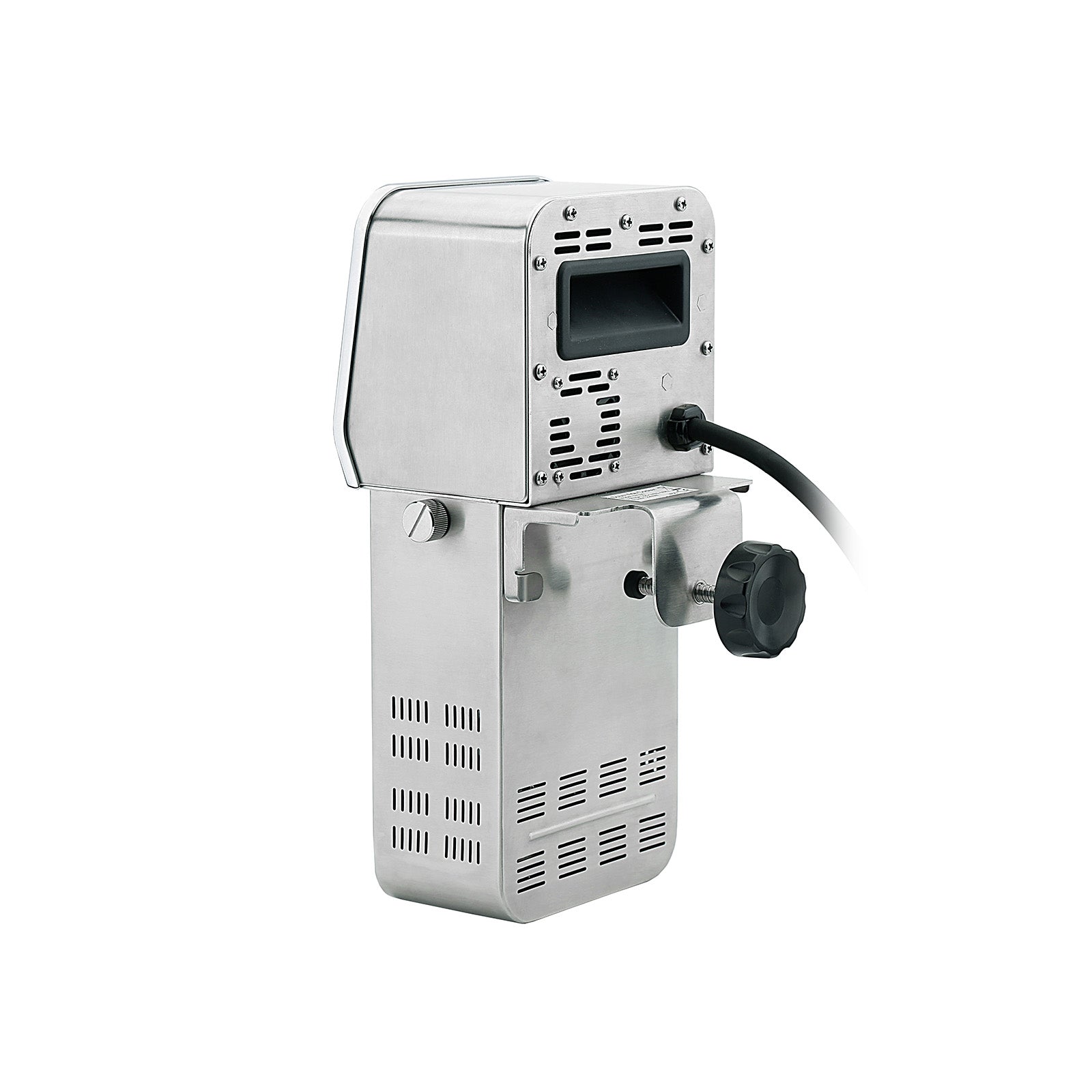 Metallic sous vide cooker  with a power cord on a white background